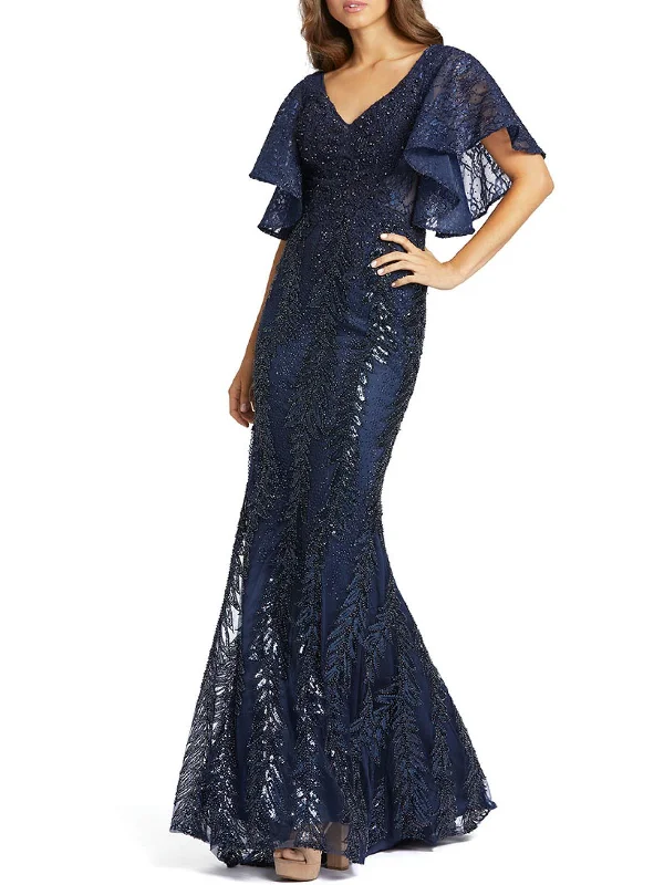 Warehouse Sale Womens Embellished Flutter Sleeve Evening Dress