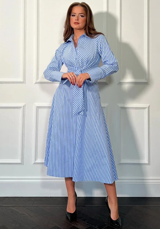 Weekend Flash Sale Girl In Mind Isabella Pinstripe Tie Front Midi Shirt Dress, Blue