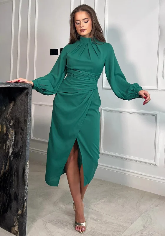 Don’t Miss Out Girl In Mind Tessa Long Sleeve Wrap Midi Dress, Green