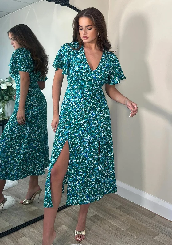 Extra Discounts Girl In Mind Levi Angel Sleeve Split Leg Midi Dress, Green