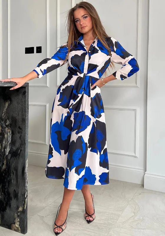 Season Finale Sale Girl In Mind Isabella Tie Front Floral Print Midi Shirt Dress, Blue
