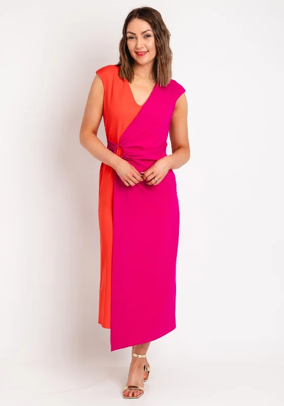 Don't Wait Casting Colour Block Faux Wrap Midi Dress, Fuchsia & Orange