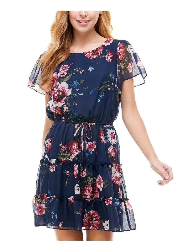 Exclusive Savings CRYSTAL DOLLS Womens Navy Stretch Tie Ruffled Floral Flutter Sleeve Scoop Neck Above The Knee Evening Fit + Flare Dress