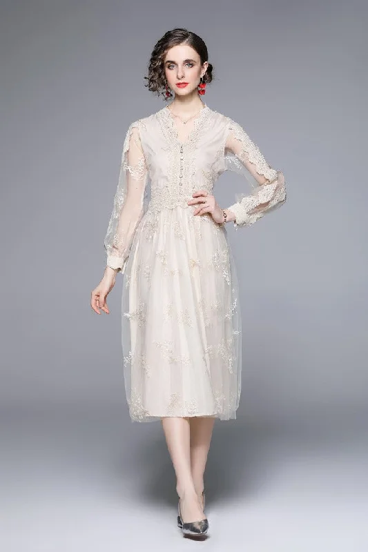 Buy More, Save More Apricot Evening A-line V-neck Long Sleeve Midi Lace Dress