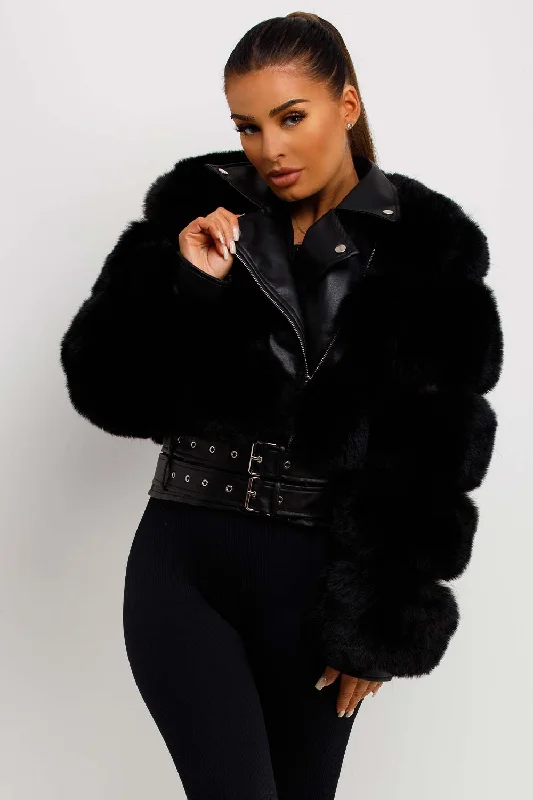 Reduced Prices Faux Fur Faux Leather Aviator Jacket With Belt Black