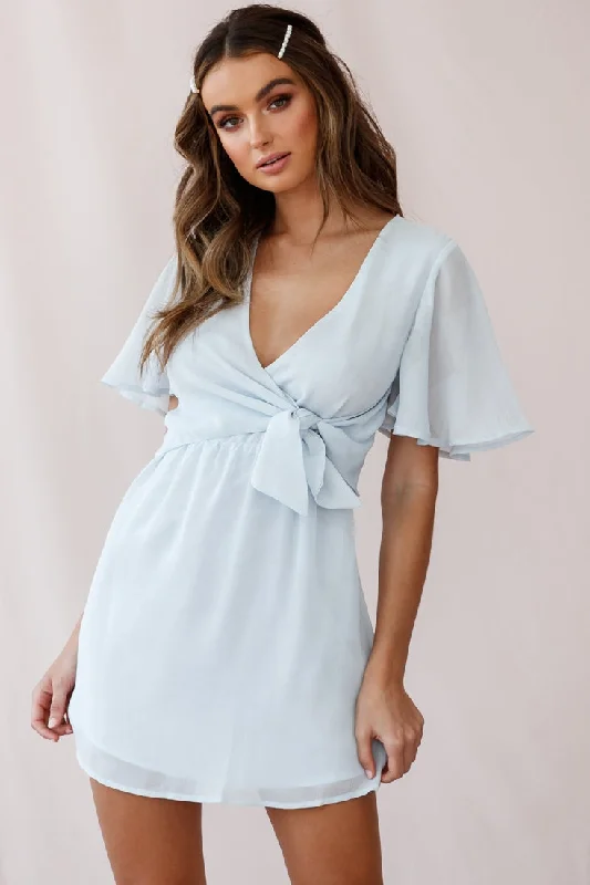 The Best Prices Stealing Hearts Flutter Sleeve Wrap Front Dress Blue