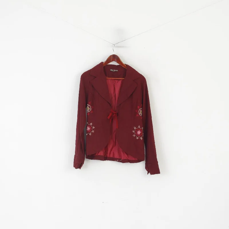 Deal Dash Bohemia Women S Blazer Maroon Embroidered Boho Tied Retro Jacket