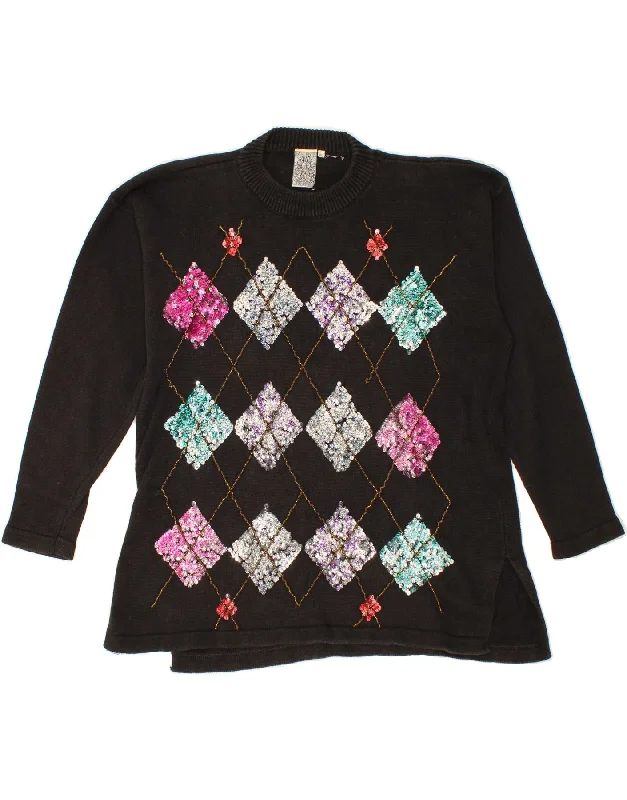 Daily Deals VINTAGE Womens Crew Neck Jumper Sweater UK 16 Large Black Argyle/Diamond