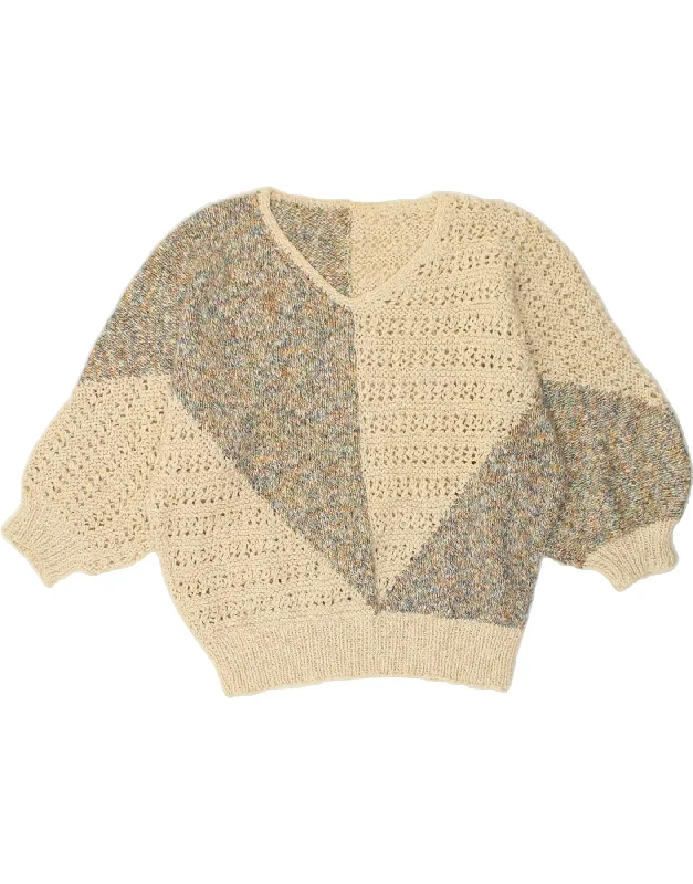 Buy Now VINTAGE Womens 3/4 Sleeve Batwing V-Neck Jumper Sweater UK 14 Medium Beige