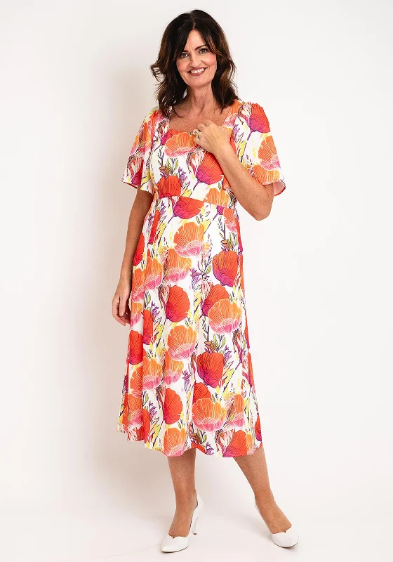 Instant Savings Ella Boo Square Neck Floral Midi Dress, Orange Multi