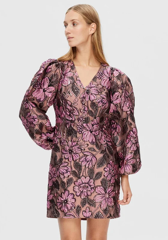 Limited Availability Selected Femme Paula Floral Embossed Mini Dress, Pink Lavender