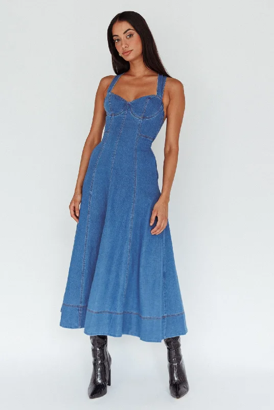 Weekend Deal Ellora Criss-Cross Back Denim Maxi Dress Navy