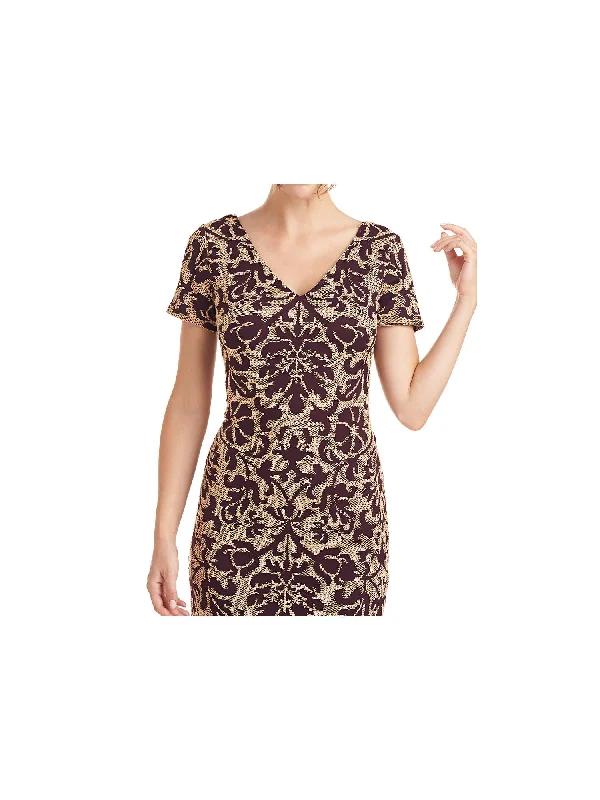 Closeout JS COLLECTION Womens Maroon Mesh Zippered Fitted Lined Short Sleeve V Neck Above The Knee Cocktail Sheath Dress