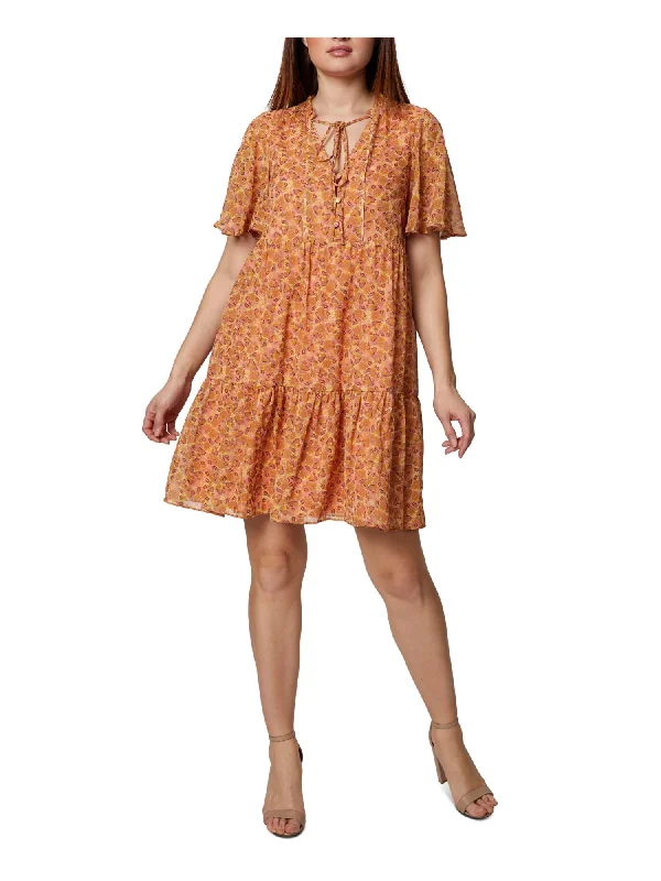 Huge Discounts BCBGENERATION Womens Orange Pleated Ruffled Tie Button Front Lined Printed Flutter Sleeve V Neck Short Shift Dress