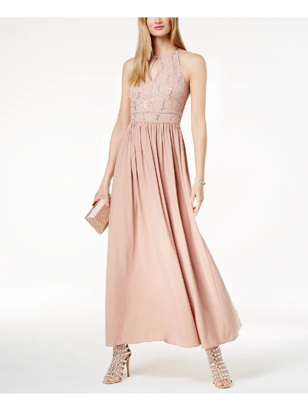 Time-Limited Offer MORGAN & CO Womens Beige Sequined Shimmering Floral Sleeveless Keyhole Full-Length Formal Fit + Flare Dress