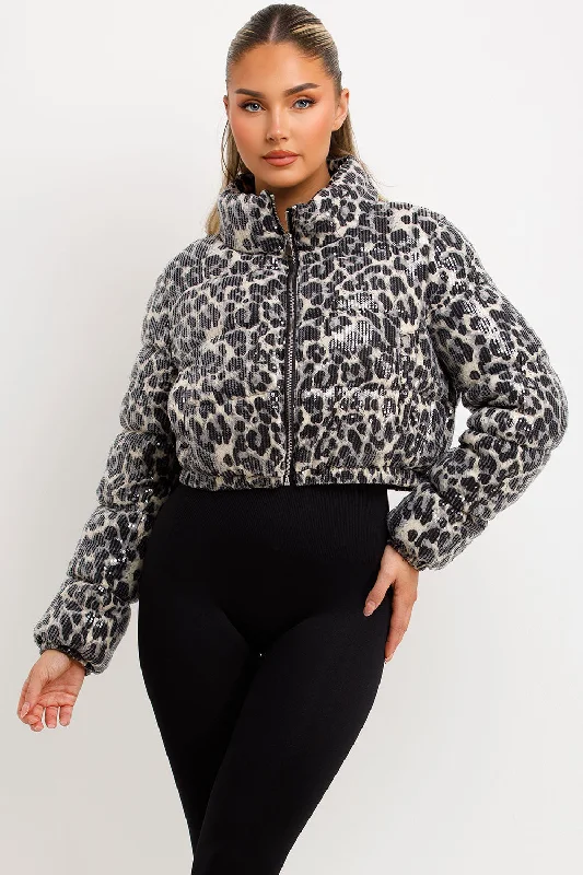 Epic Deals White Leopard Print Crop Puffer Jacket Sequin Detail