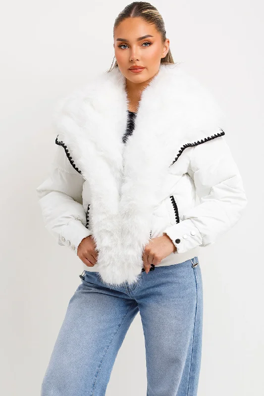 Mega Sale Faux Fur Collar And Trim Puffer Coat With Contrast Stitching Detail White