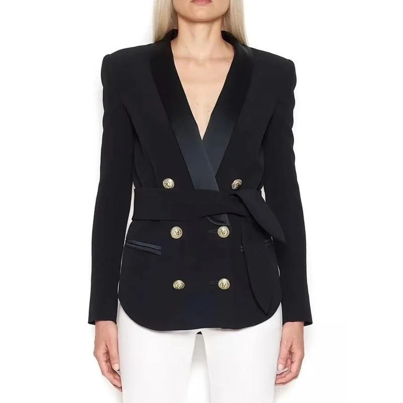 Clearance Event Women Blazer With Belt Double Breasted, Shawl Collar