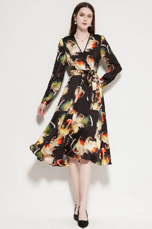 Limited Edition Black & Multicolor Print Day Wrapped V-neck Long Sleeve Below Knee Dress