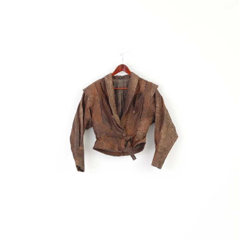 Exclusive Preview C&A Women 38 S Leather Jacket Brown Vintage 90s Leder Cropped Biker Top