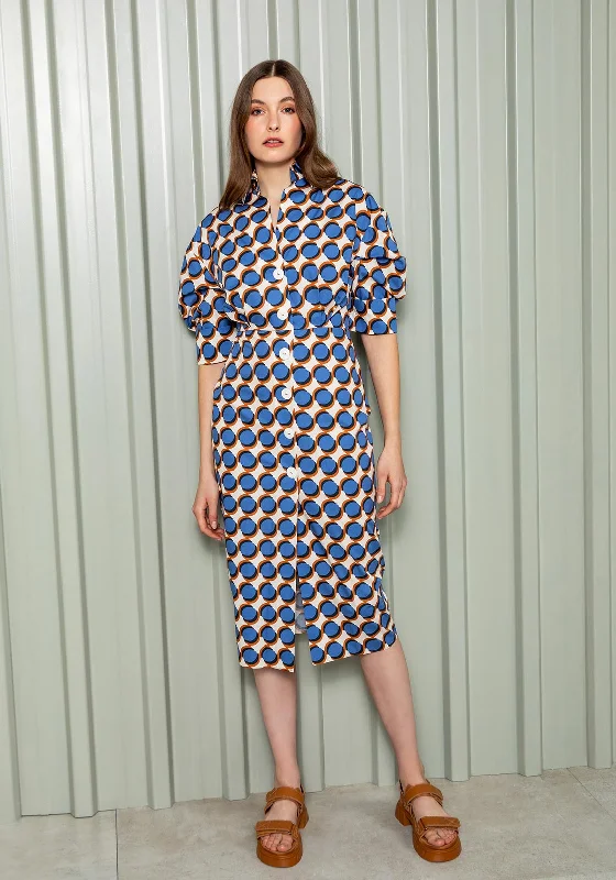 Best Seller Kameya Ciricle Print A-line Midi Shirt Dress, Indigo