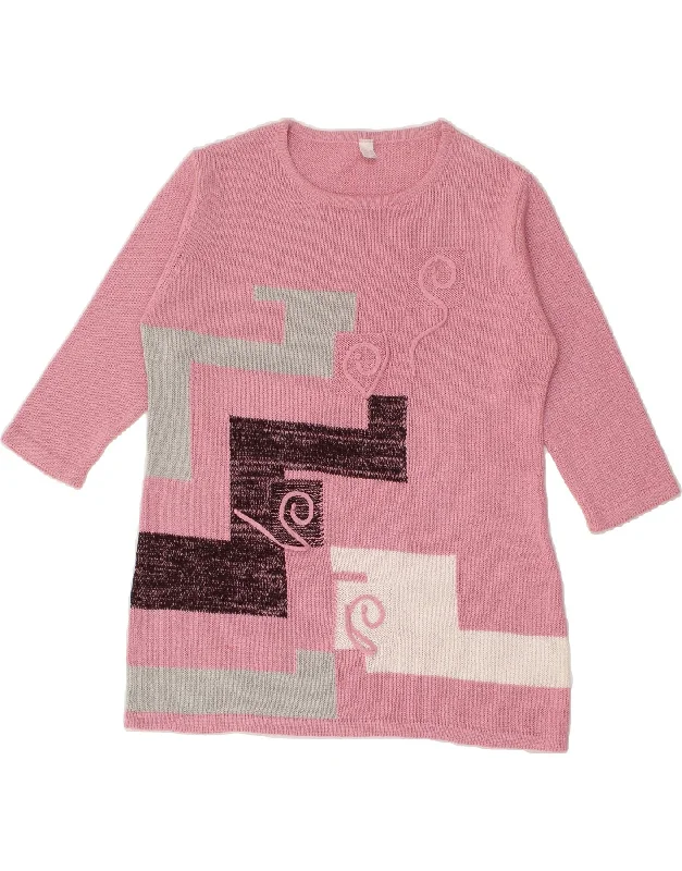 Crazy Deals VINTAGE Womens Crew Neck Jumper Sweater IT 44 Medium Pink Geometric